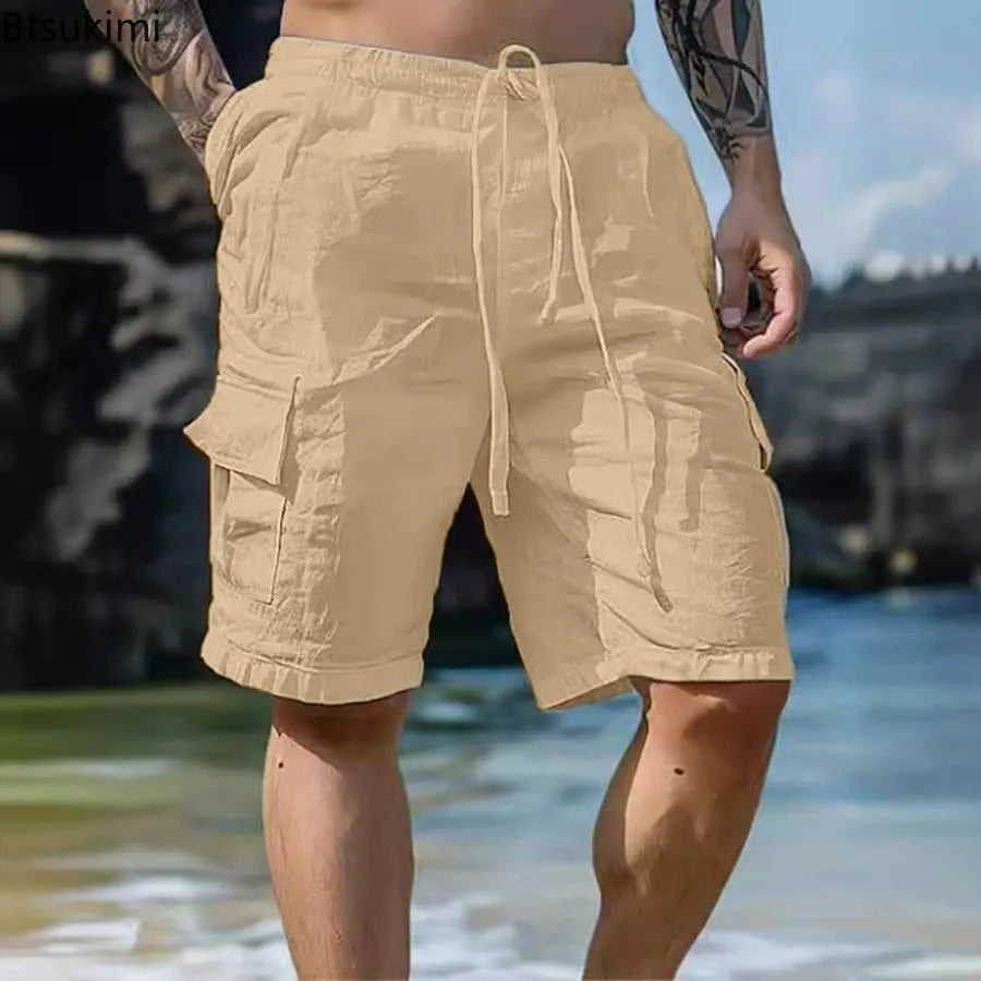 2026 Men's Summer Fashion Loose White Cargo Shorts Handsome Streetwear Beachwear Solid Color With Pockets Shorts Workout Pants