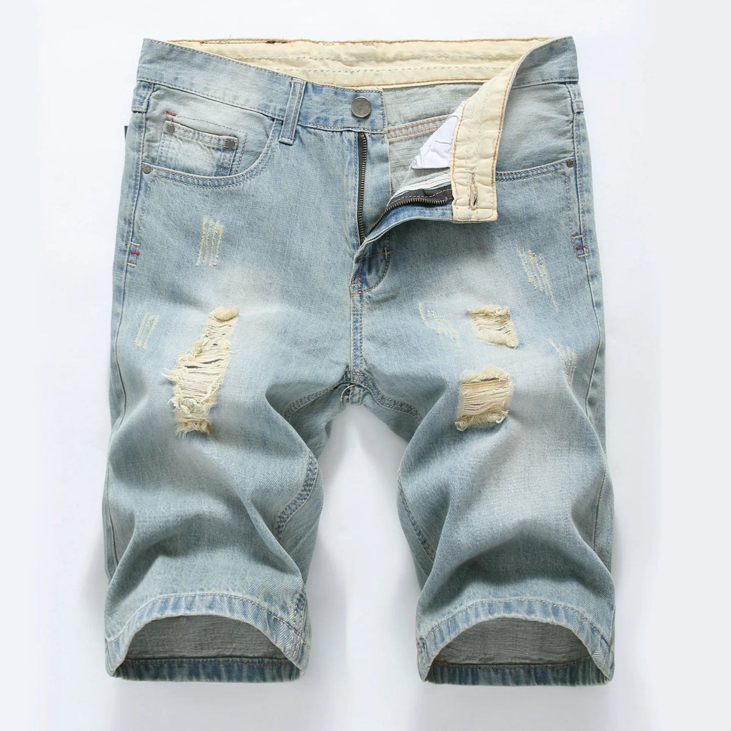 New Summer Vintage Washed Men Denim Shorts Casual Fashion Street Wear Ripped Hole Patches Distressed Male Straight Jeans Shorts