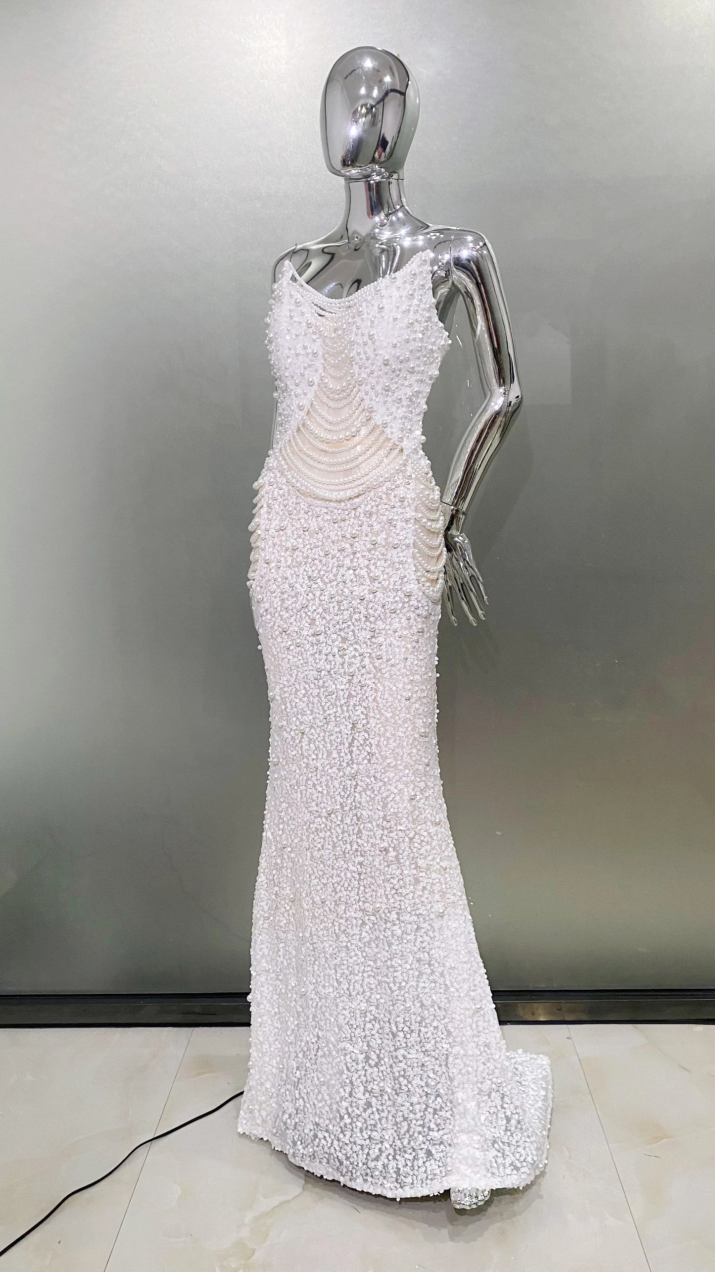 Luxury Pearl String Sexy See Through White Sequins Long Dress Elegant Woman Wedding Party Dress Red Carpet Goddess Vestido