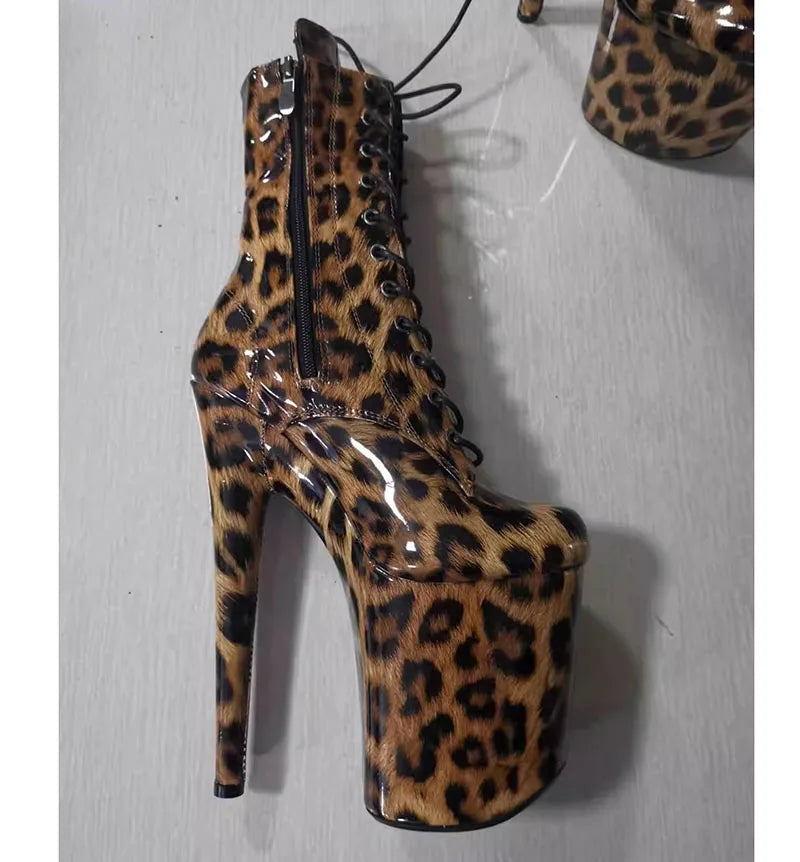 Exotic 20 cm Leopard Print Gothic Stripper Heels Size 34-46 8Inch Platform Ankle Boots Strip Pole Dance Catwalk Round Toe Women