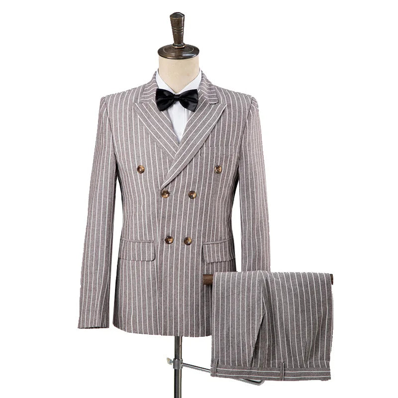 Navy Blue Mens Double-breasted Suit Two-piece Set, White Vertical Striped Jacket Paired with Matching Trousers, Asian Size S-XXL
