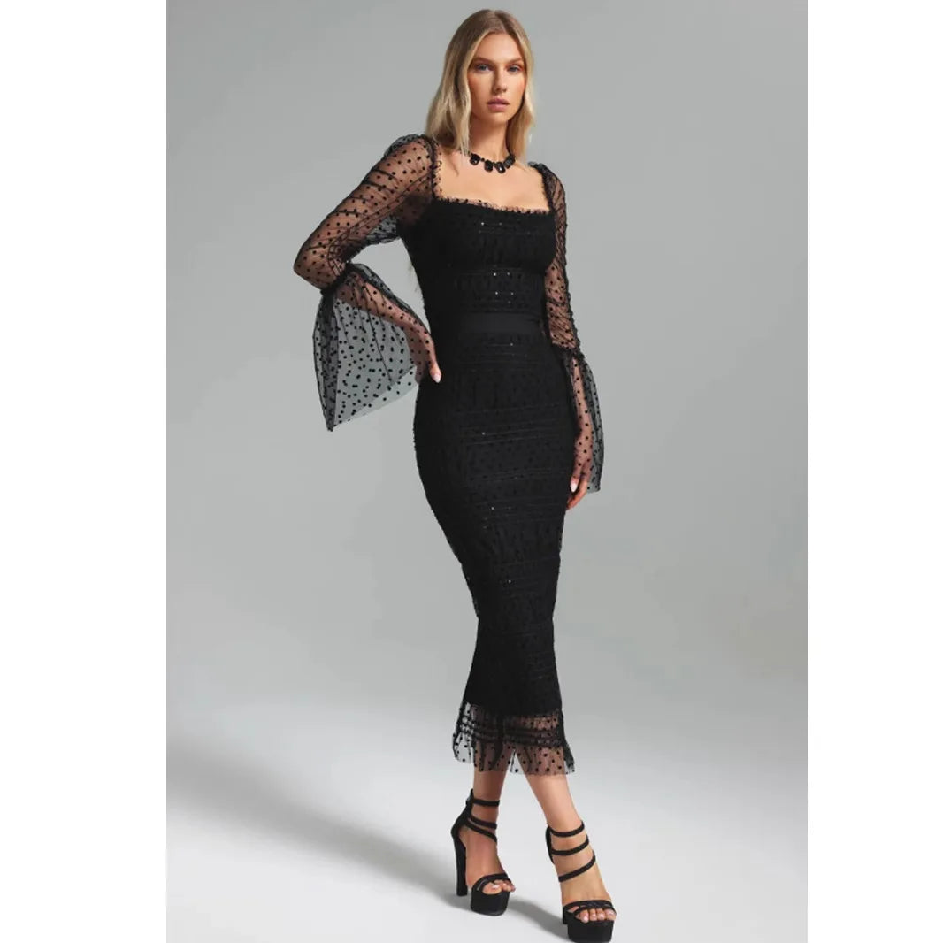 European and American New Women's Clothes Elegant Bell Sleeve Mesh See-through Dress High-End Pleated Bandage Hip Skirt