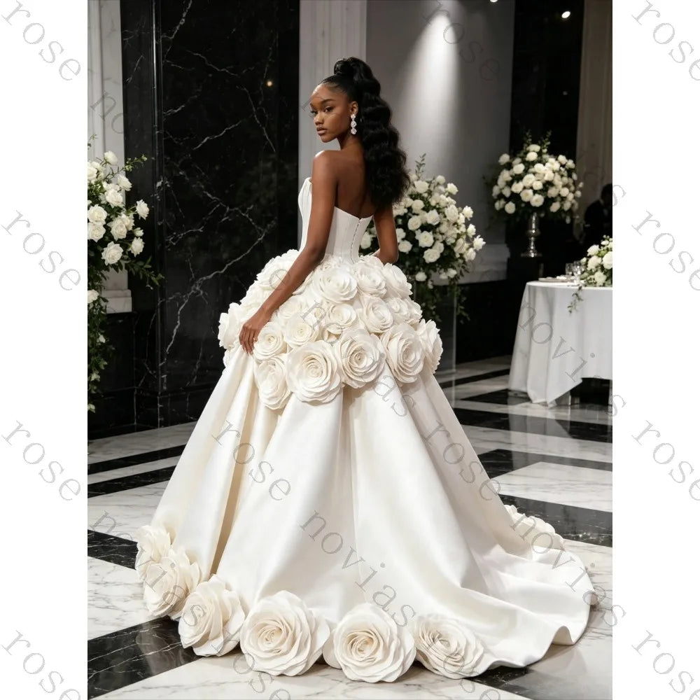 Customized Luxury 3D Floral Rose High Low Satin Bridal Gown Deep V Strapless Backless Runway Wedding Dress Vestido De Novia