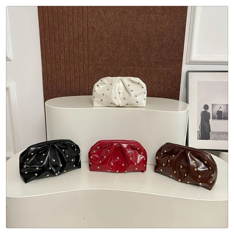 Simple Versatile Clip Evening Handbags for Women Solid Color Rivet Pleated Design Ladies Clutch Female Soft Pu Leather Purse