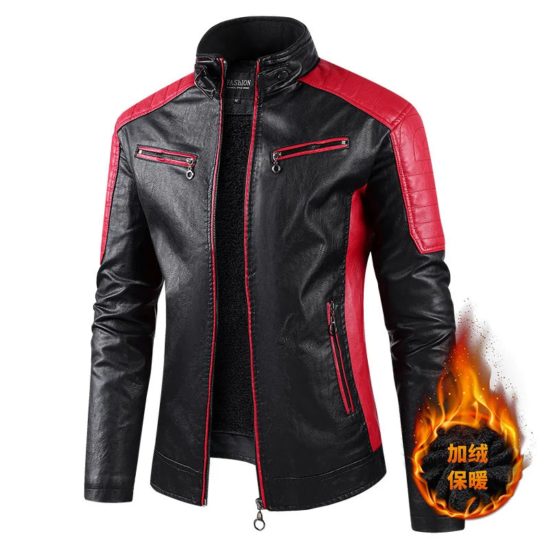 White and Red Patchwork Men's PU Jacket, Stylish Vintage Biker Faux Leather Coat, Available in Black or Brown.