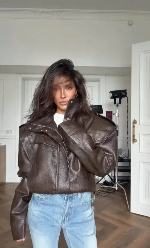 Black Faux Leather Stand Collar Zip Epaulet Cropped Jacket Long Sleeve Snap Button Pocket Coat 2026 Autumn Street Chic Coats New