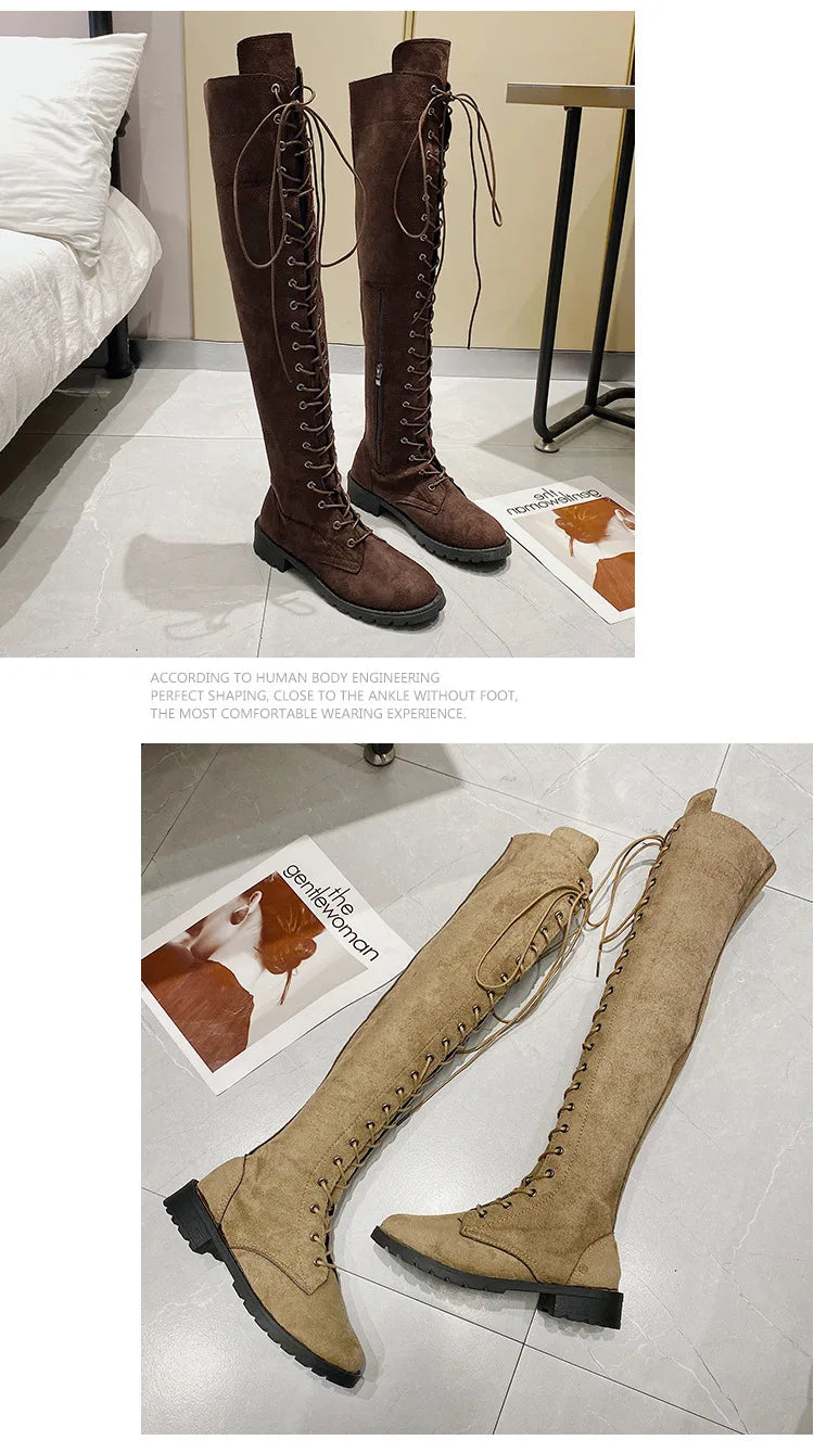 Side Zipper Lace-up Women's Long Botas Brown Black Suede Mid Heel Over-the-Knee Boots for Women Ladies Thigh High Boots Size 43