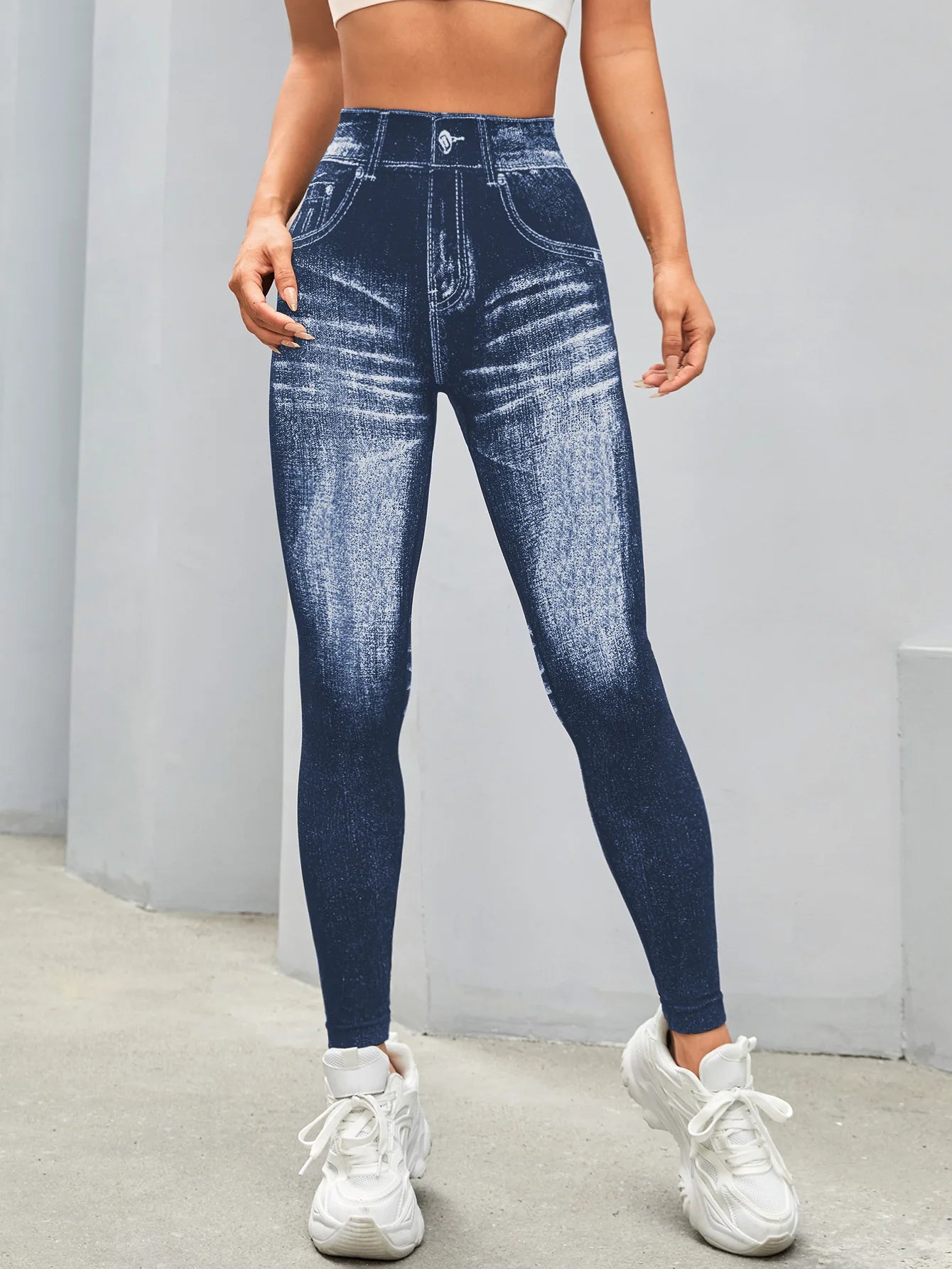 Women V Back Gym Leggings Faux Denim Jeans  Athletic Workout Leggins Elastic Seamless Training Yoga Pants Sports Fitness Tights