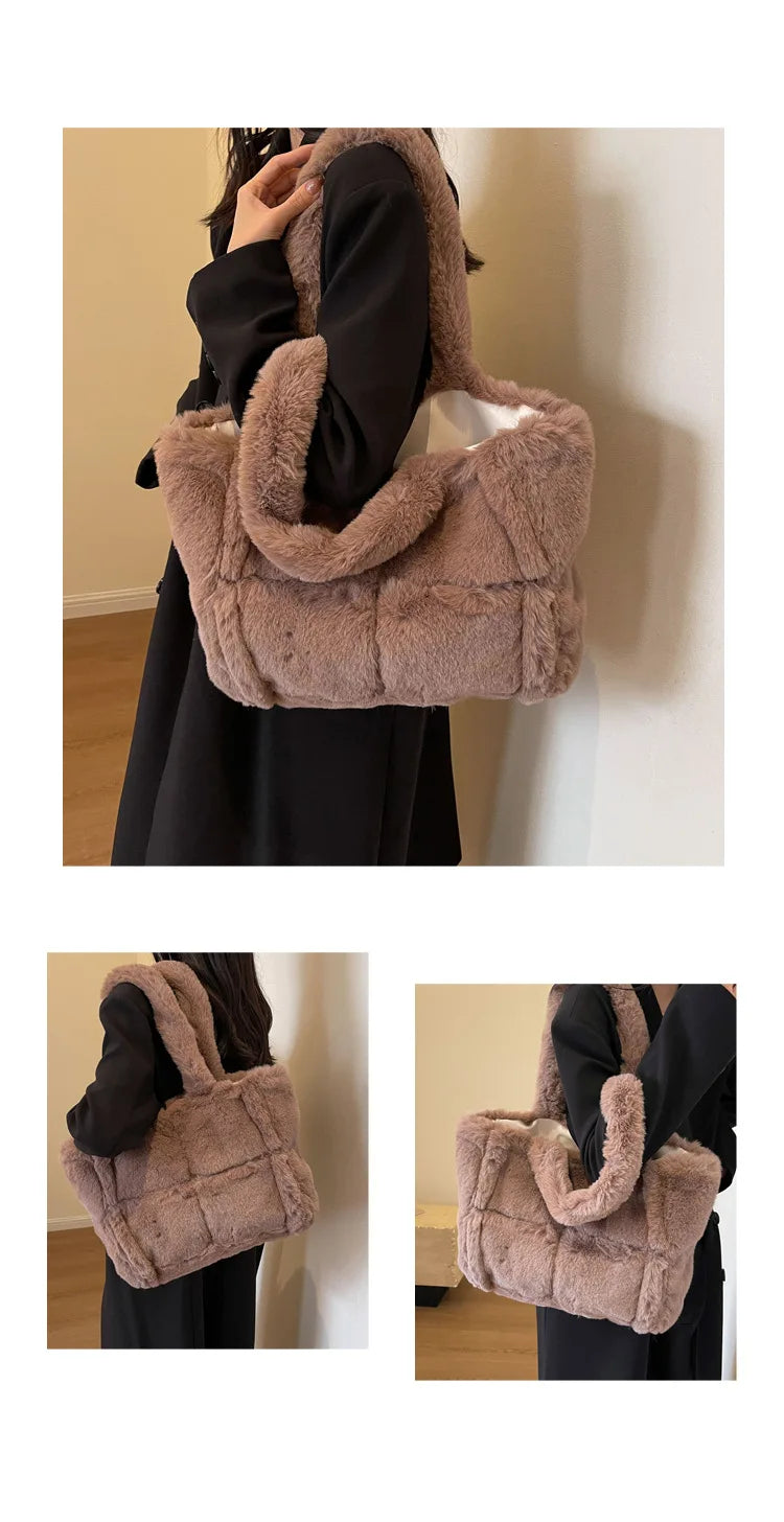 New plush women's handbag, large capacity shoulder bag, suitable for shopping and shopping, winter women's armpit bag