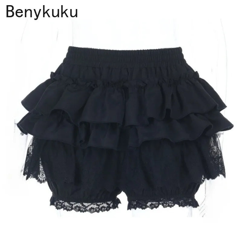 Gothic Punk Girls Kawaii High Waist Shorts Skirts Lolita Vintage Lace Ruffles Shorts Y2k E-girl Black Women Pumpkin Bloomers