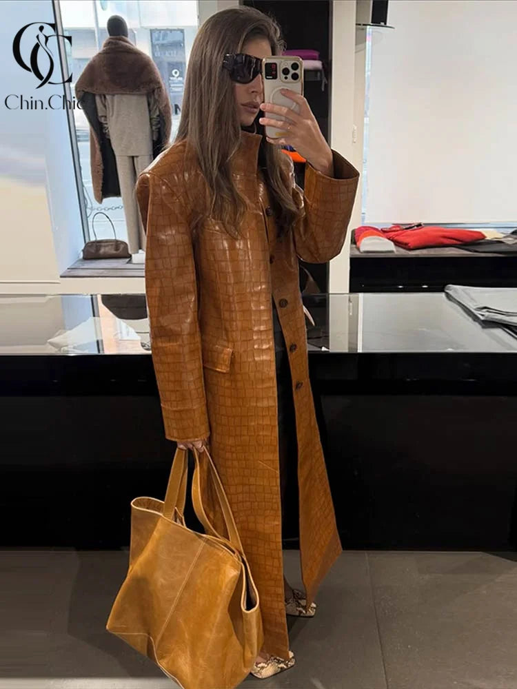 Crocodile Print Faux Leather Long Women 's Winter Coats Stand Collar Single‑Breasted PU Leather Maxi Coat Streetwear Fall Winter