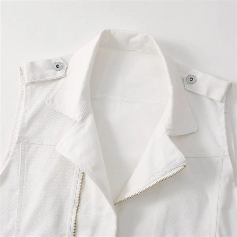 2025 New Women's Denim Tank Top Jacket Fashion Spring Summer Zipper White Sleeveless Tank Tops Female Jeans Coat