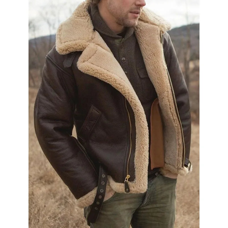Thickened Men's Coats Winter Jackets Leather and Fur Integrated New High Quality Turn Down Collar Long Sleeve Men Clothing