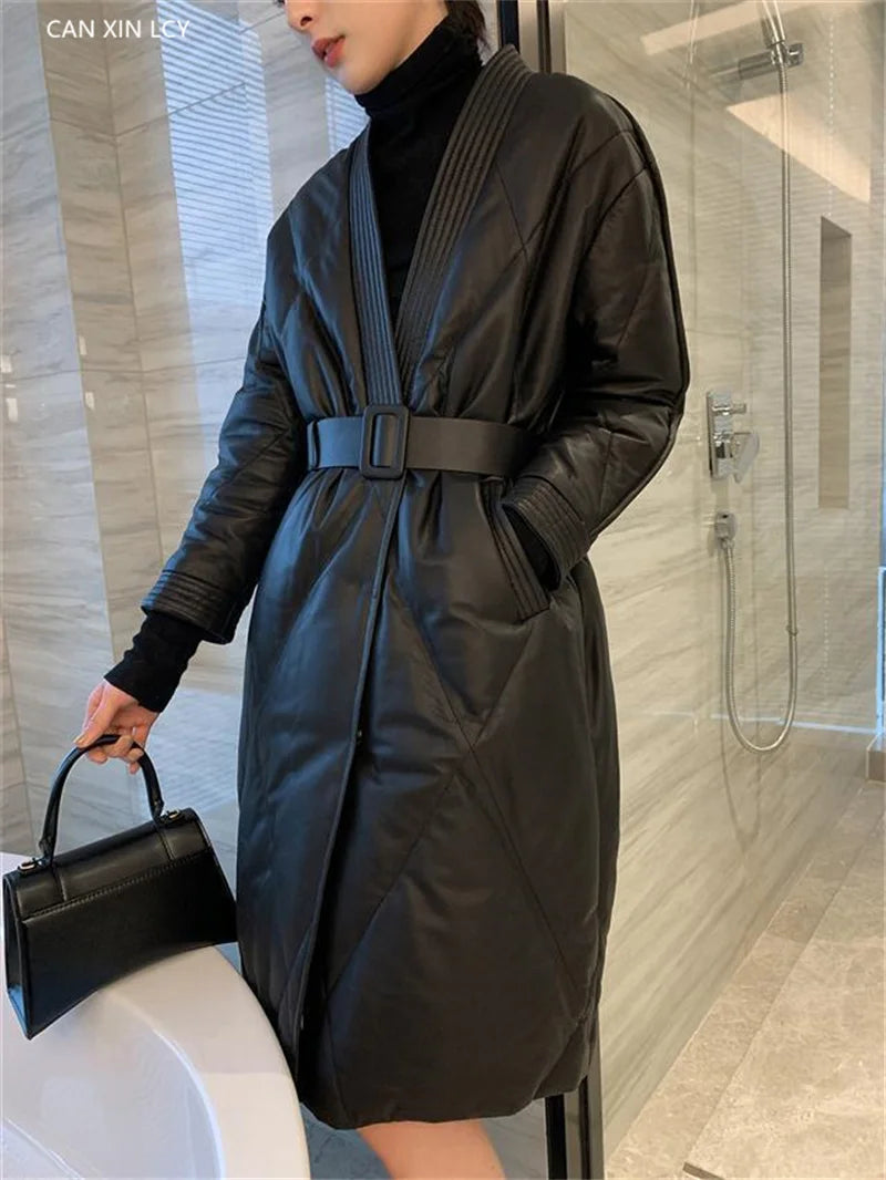 High End Leather Jacket New Women Autumn Winter Long PU Leather Windbreaker With Belt Female Down Cotton Coat Thick Warm Parkas