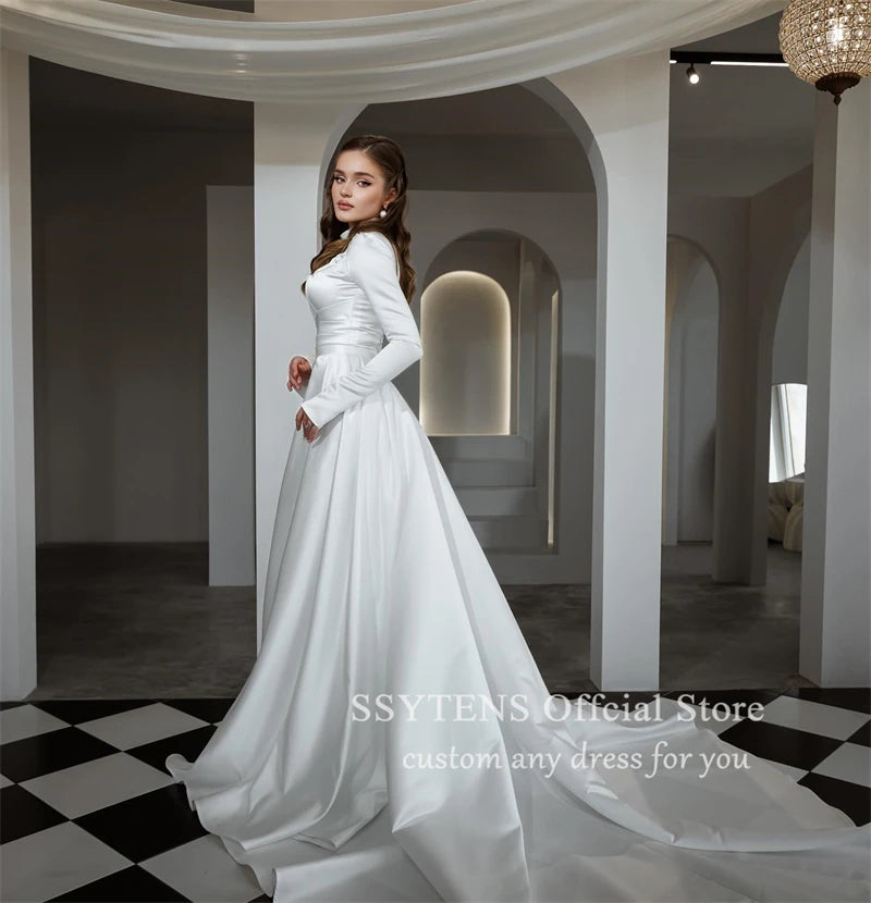 Formal Wedding Dresses High Neck Long Sleeves Mermaid Bride Bridal Gown Floor Length Muslim Customized White Civil Wedding Dress