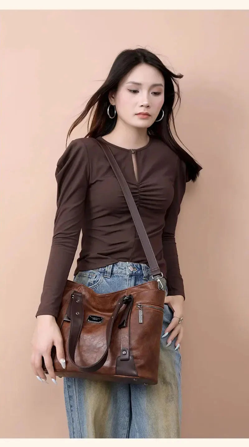 Vintage Women's Tote Bag 2025 New PU Leather Shoulder Bag Large Capacity Handbags Retro Style Crossbody Bags for Women