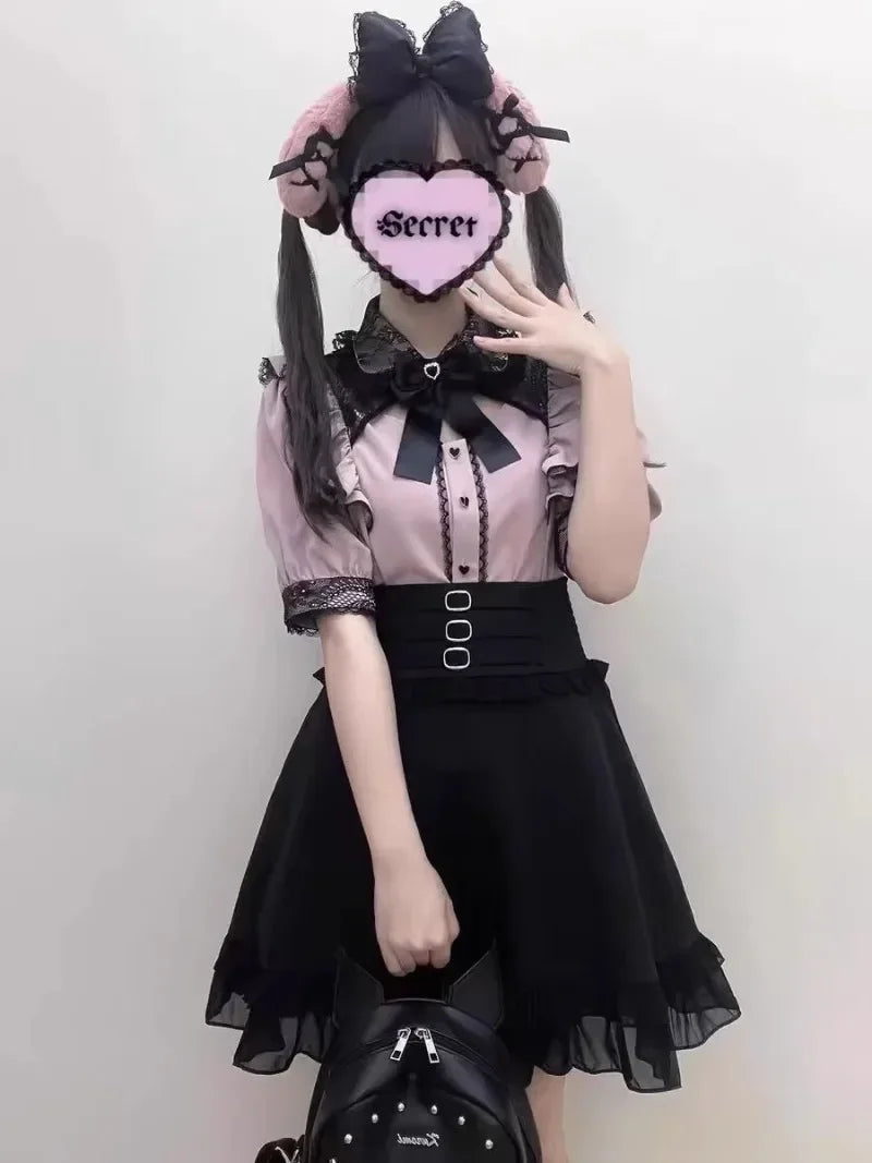 Jirai Kei Cosplay Costume Lolita Dress Blouse Y2K Kawaii Japanese Style Shirt Short Sleeve Pink Sweetheart Girl Halloween Party