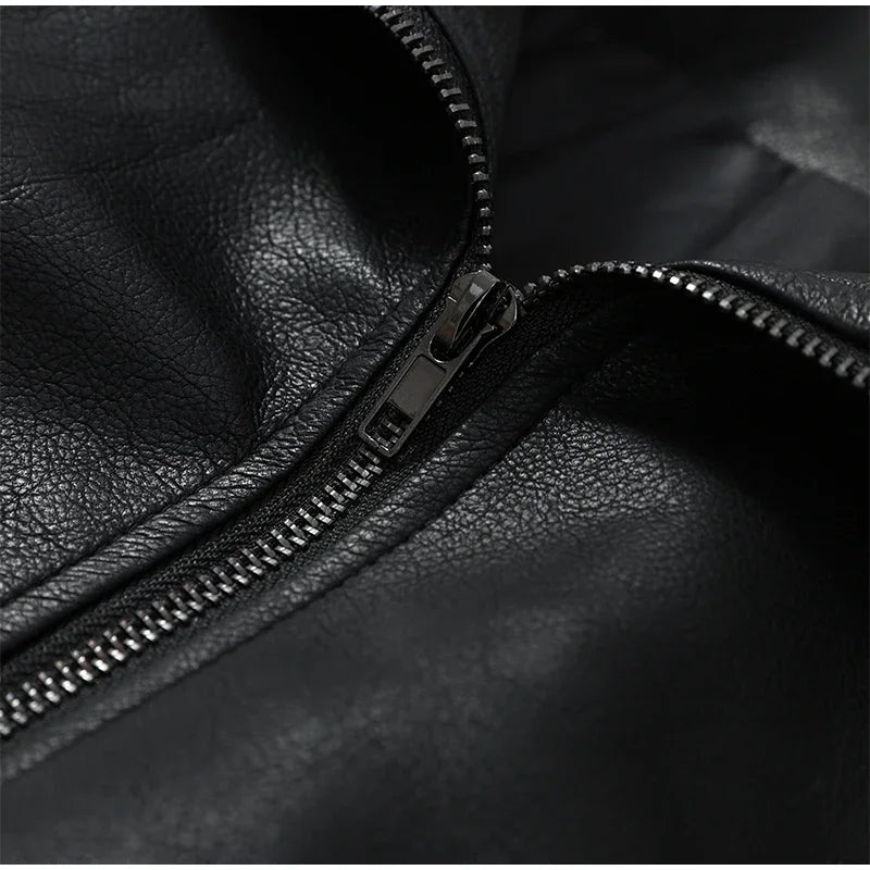 Black Short Leather Jacket Vintage Women's Stand Collar Full Sleeve V-neck Loose Jackets 2026 Lady  Autumn Casual Casual Outwear