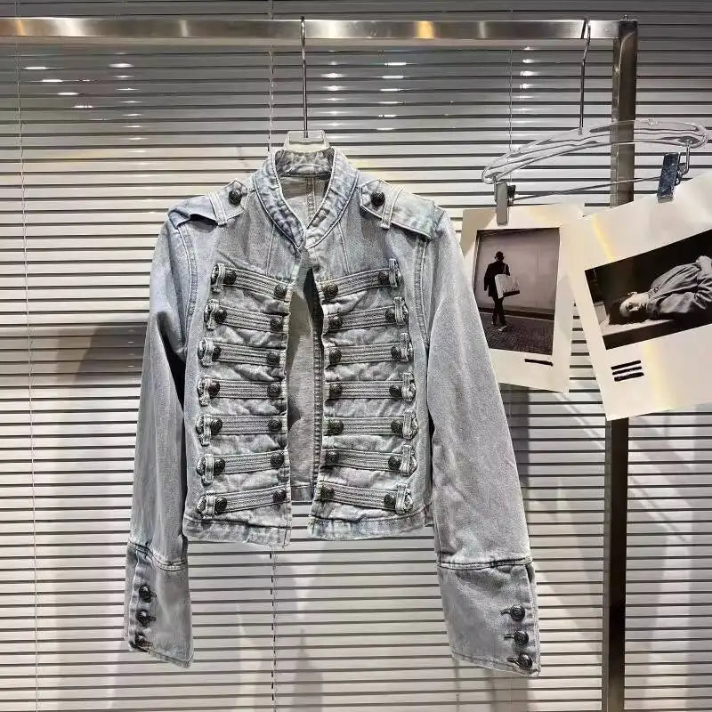 DEAT 2026 Autumn New Fashion Metal Buckle Design Shoulder Strap Denim Short Jacket For Women High Street Coat Female 11A06995