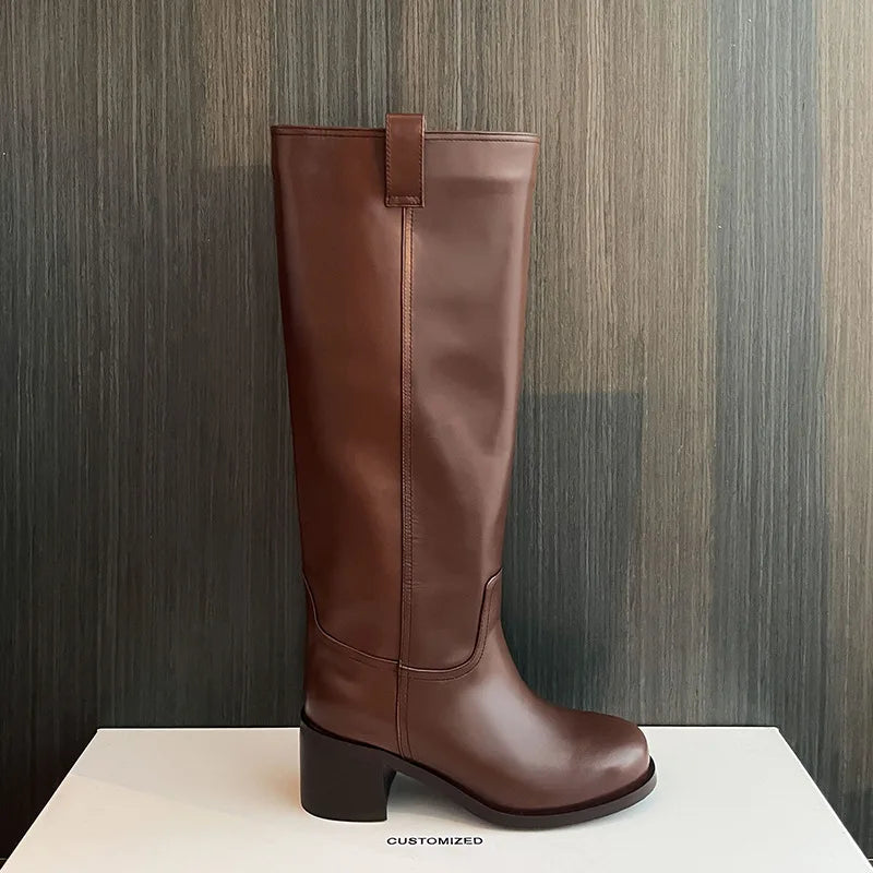 Arden Furtado Autumn Cowhide Knee High Boots Round Toe Pull-On Chunky Heels Riding Boots British Style Large Size Boots
