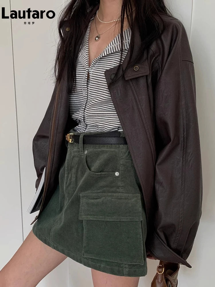 Lautaro Autumn Cool Brown Oversized Leather Jacket Women Drop Shoulder Long Sleeve Zippper High Quality American Retro Clothing