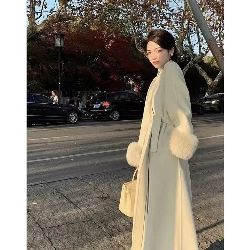 Women Autumn Winter Woolen Coat 2025 New High-End French Style Fur Sleeves Mid-Length Woolen Coat Women Long Coat Loose Outwear