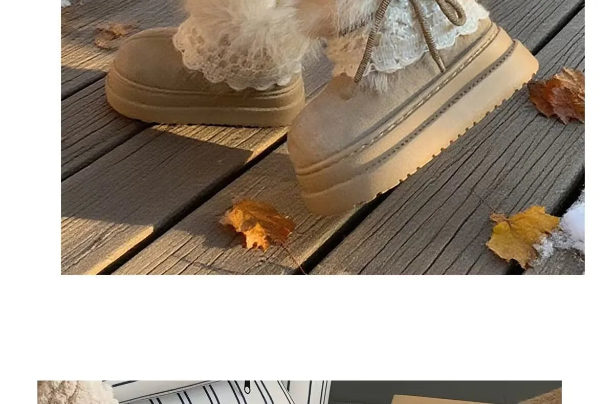 Korean Style Lace Snow Boots 2025 Winter Plush Warm Short Boots Girls Sweet Thick Bottom Casual Boots Students Cotton Shoes