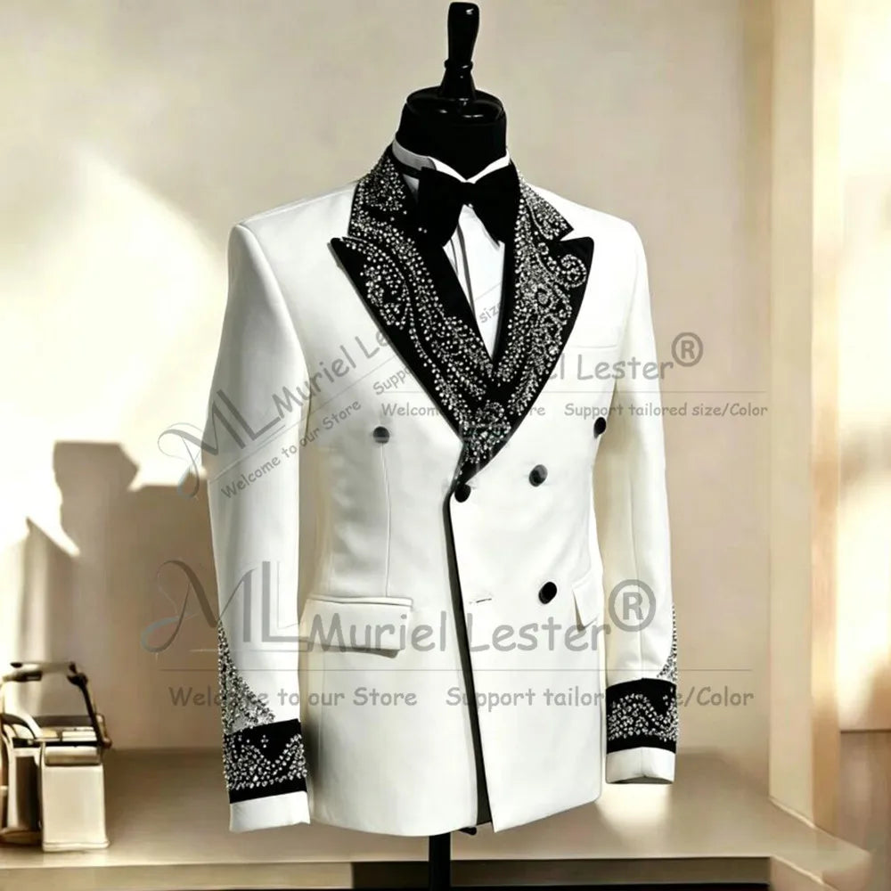 Luxury Wedding Suits For Man Sliver Rhinestone Beaded Label Prom Blazers Customized 2 Pieces Sets Groom Tuxedos Terno Masculinos