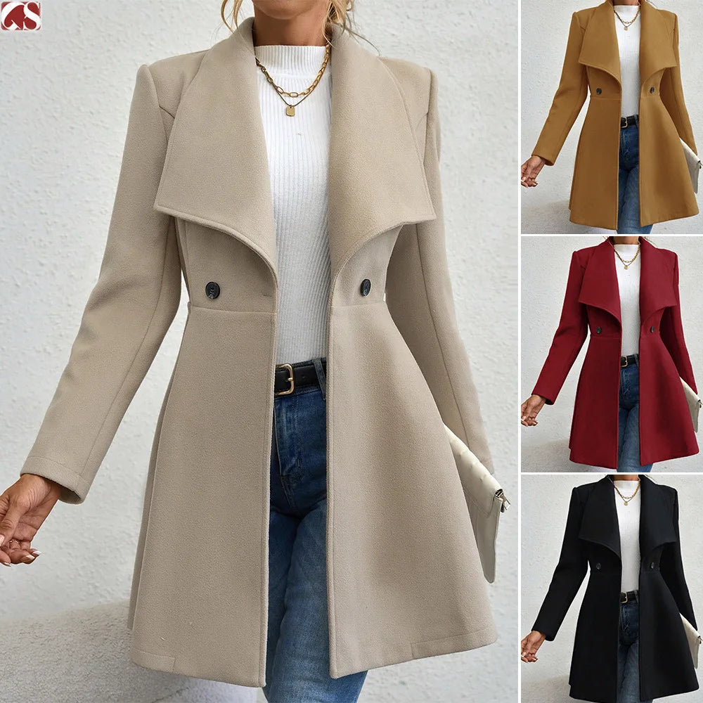 Autumn Winter Women Coat Fashion Solid Color Lapel Collar Single-breasted Slim Fit Female Woolen Coat Mid Length Lady Overcoat