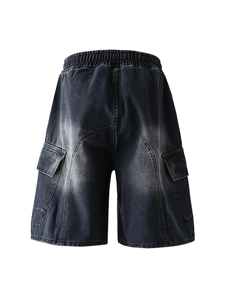 Cargo Shorts Men Summer Baggy Multi-pocket Jeans Straight Drawstring Moto Work Pants Fashion Cotton Black Blue Trousers New