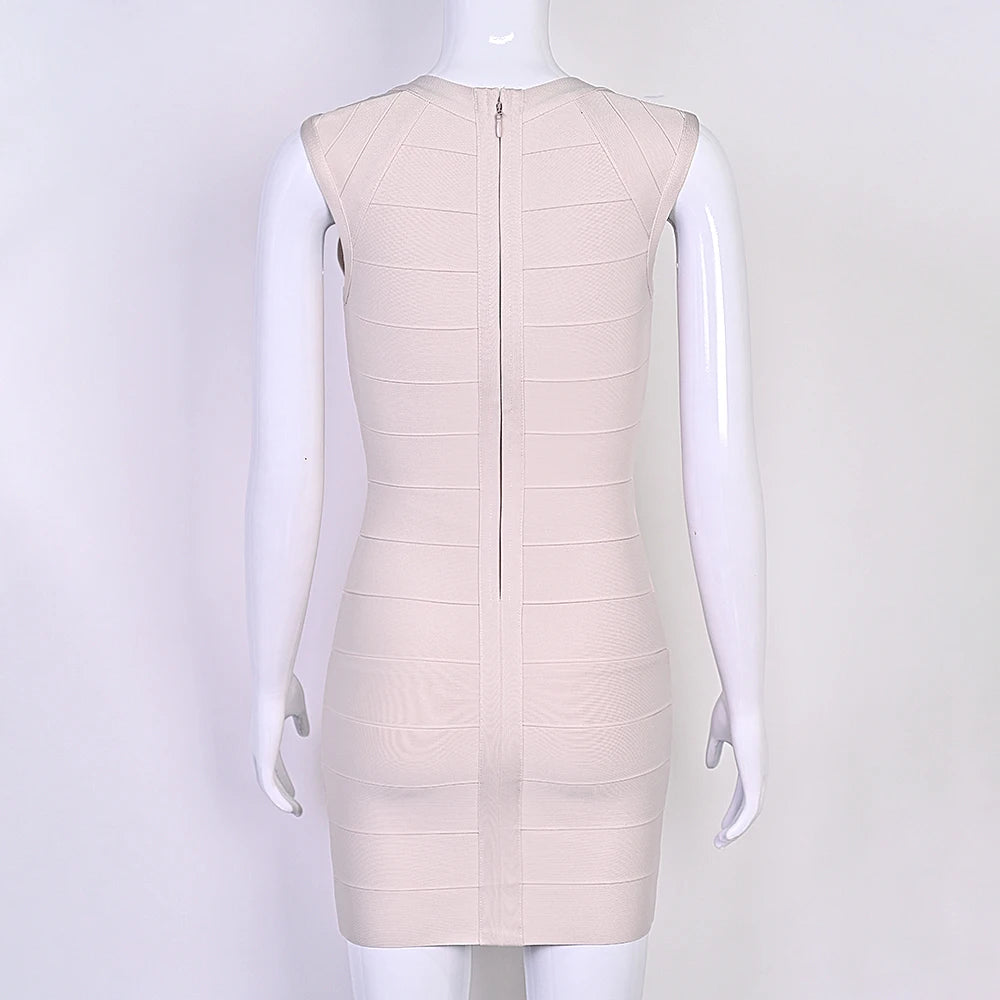 BEAUKEY Luxury Sexy Plunge V Bandage Dress Stripes Slim Bodyocn Mini Party Celebrity Evening Dress Elastic Knitted Vestidos