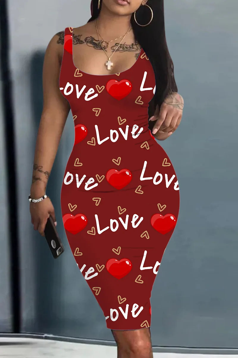 Платье Женское Plus Size Summer Women's Dress Large Size Contrast Heart Print U-Neck Sleeveless Casual Bodycon Mini Dresses