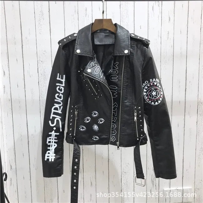 Women's PU Rivet Zipper Jacket, Shoulder Badge, Motorcycle Punk Rock Leather Coat, High Quality, Autumn Purchase
