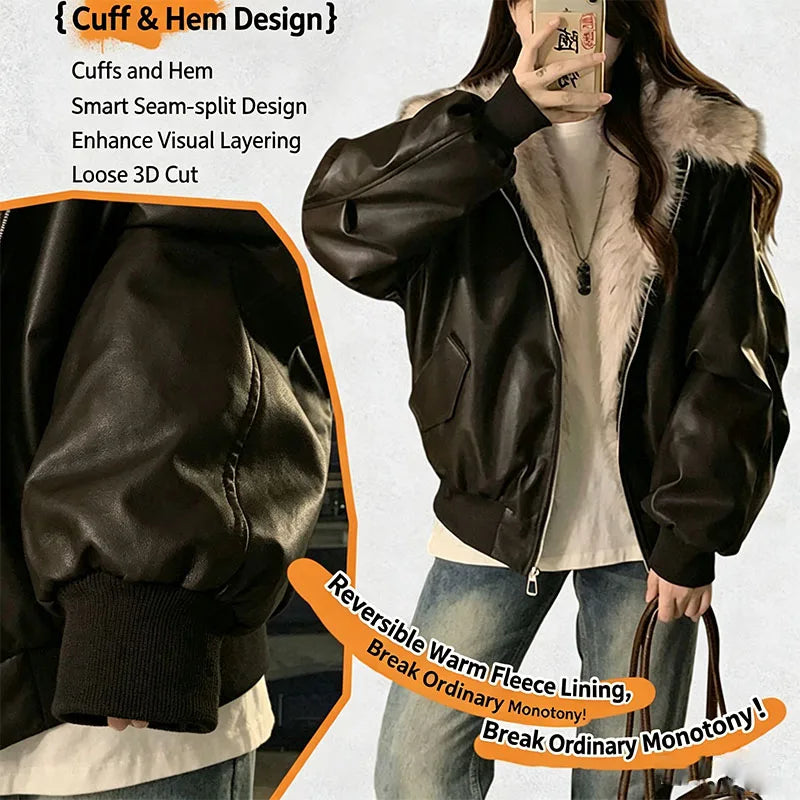 Winter Thick Warm Fleece Hooded Jacket Women Korean Fashion Loose Zipper Leather Coats Chic Full Faux Fur Lined Bomber Outerwear