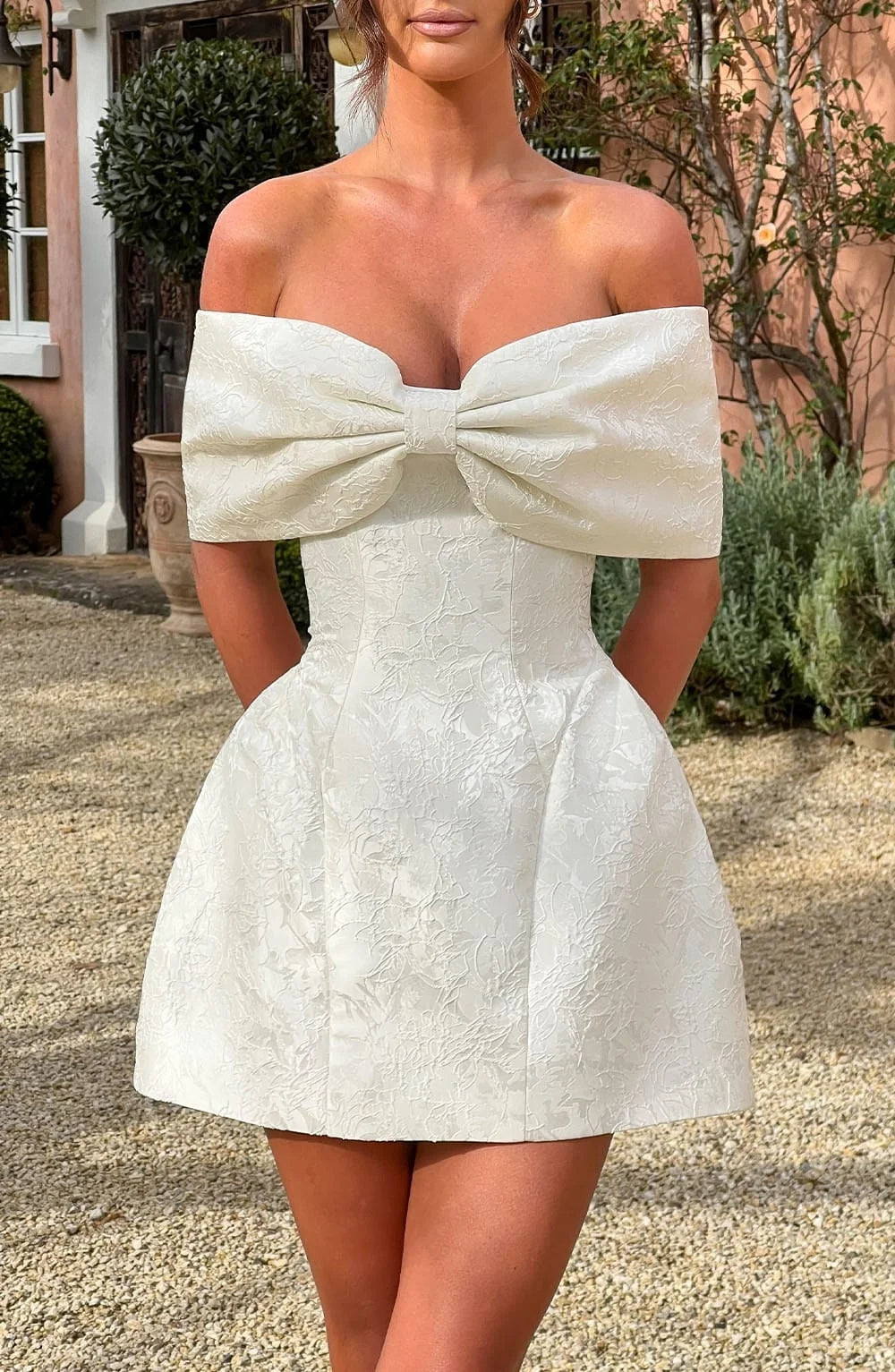 Pink Big Bow Jacquard Prom Dress Off Shoulder Women Formal Evening Gowns Fitted Mini Skirt For Wedding Cocktail Party