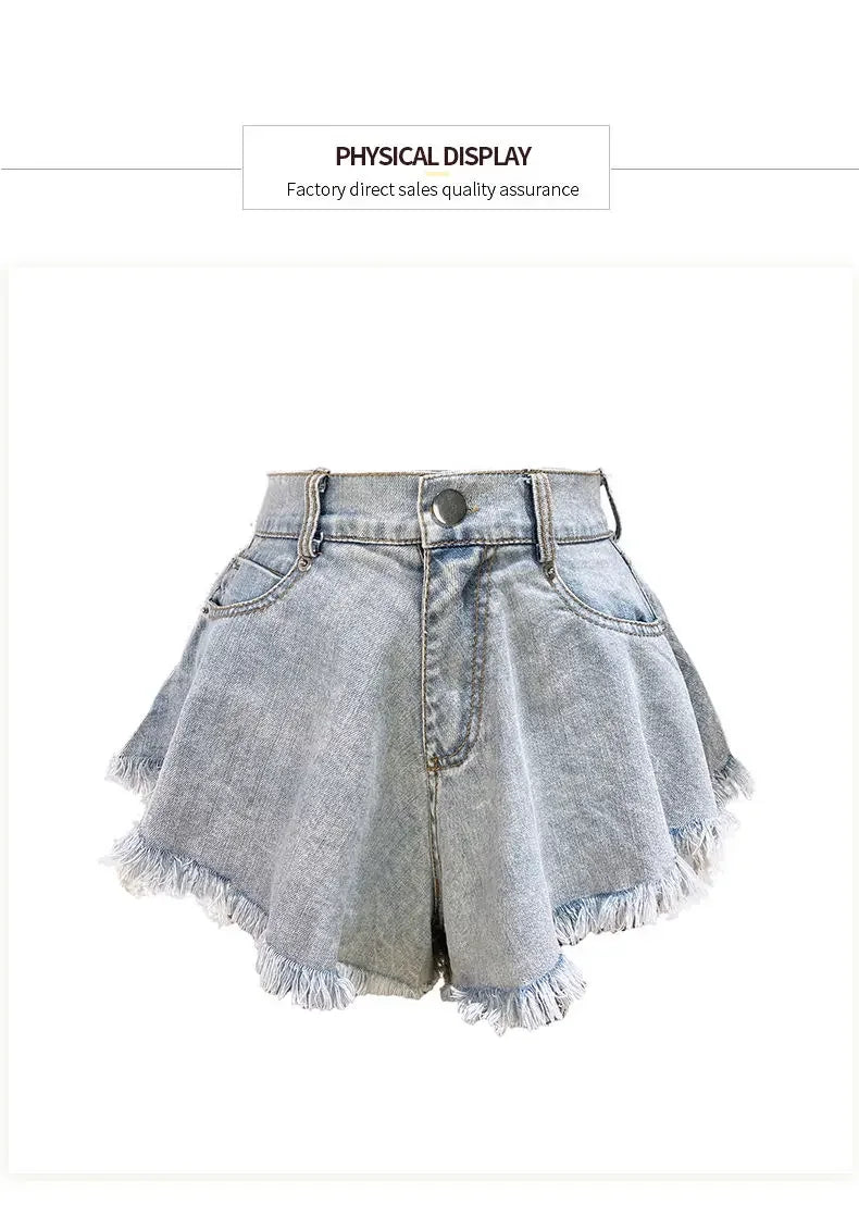 Wide Leg Shorts Women Y2k Denim Frayed Sexy Girls High Waist Hotsweet All-match Vintage Fashion Pockets European Style Females