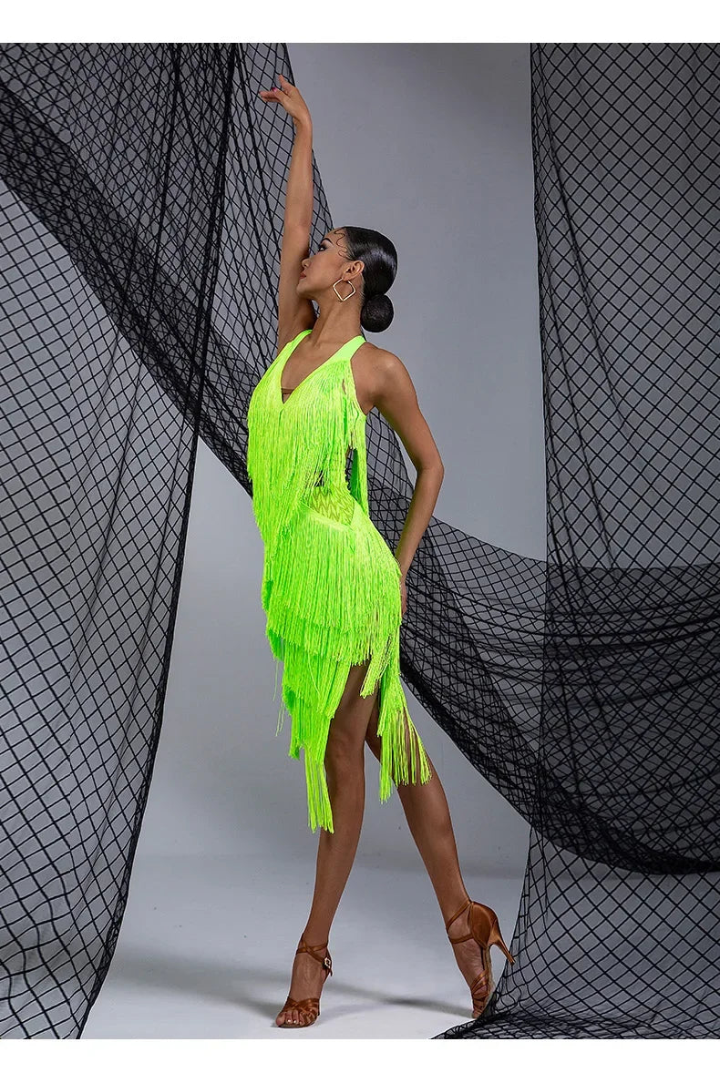 Women Backless Fringe Sexy Black Dress Cha Cha Rumba Samba Tango Dance Costume Prom Wear Latin Dance Copetition Dress
