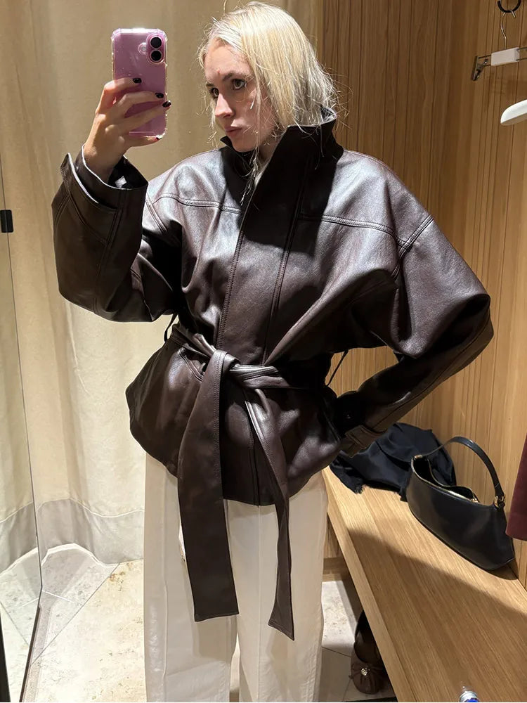 Faux Leather Jacket Stand Collar Winderbreaker Woman Waist Tie Belt Coat Long Sleeve Loose PU Leather Coat Street Wear Clothes