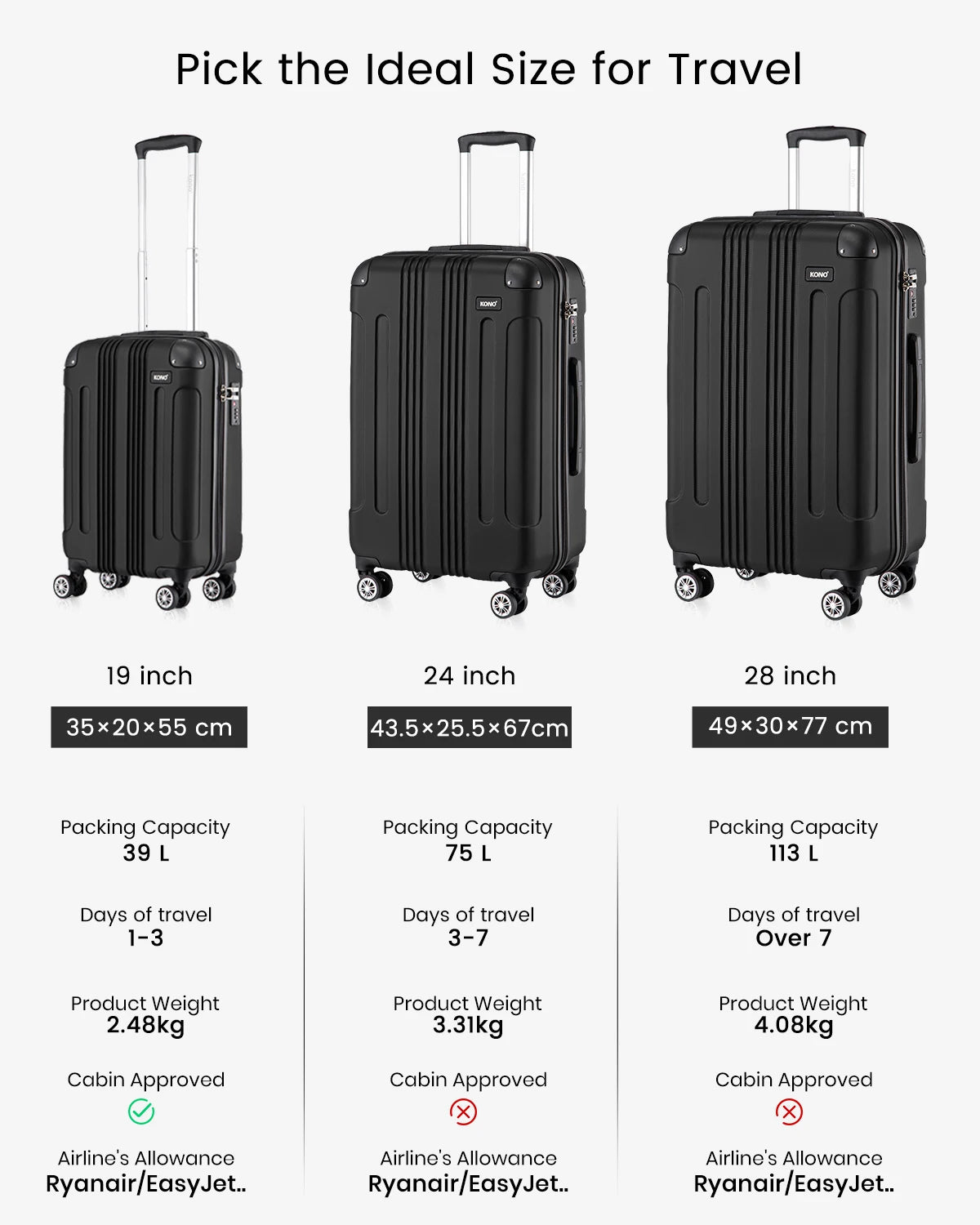 Kono Large Hard Shell Luggage 19/24/28 inch Lightweight ABS 4 Wheels Spinner Business Trip Trolley Case Suitcase