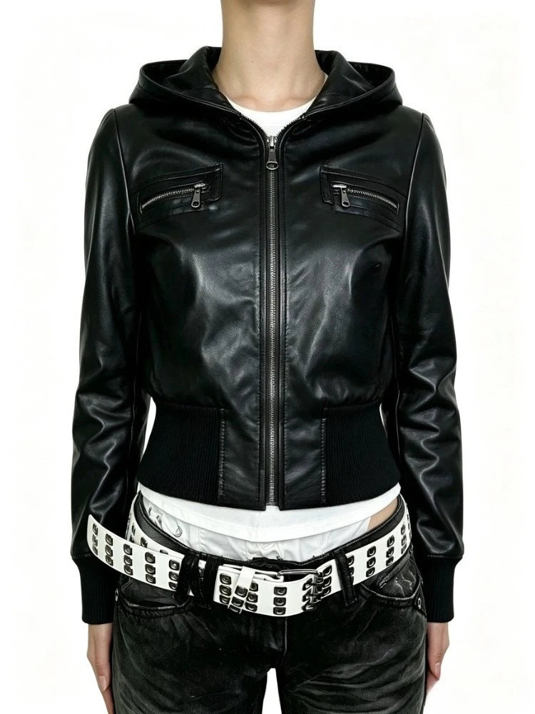 Womens American Vintage Punk Leather Jacket 2026 Autumn Long Sleeve Slim Black Gothic Outerwear Subculture Style Club Party Coat