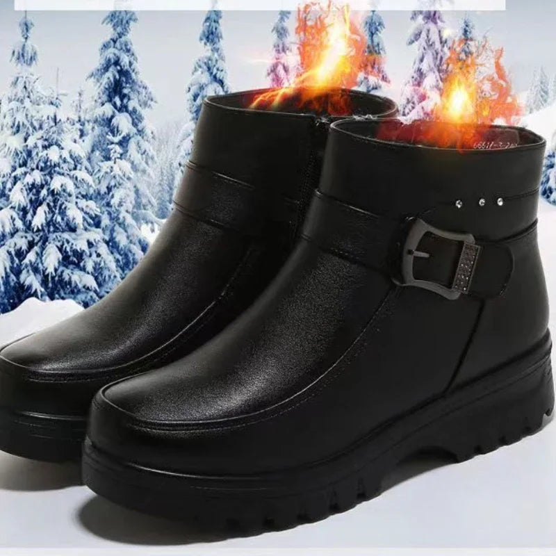 2024 Fashion Winter Women Pu Leather Ankle Boots Female Thick Plush Warm Snow Boots Mother Waterproof Non-slip Booties