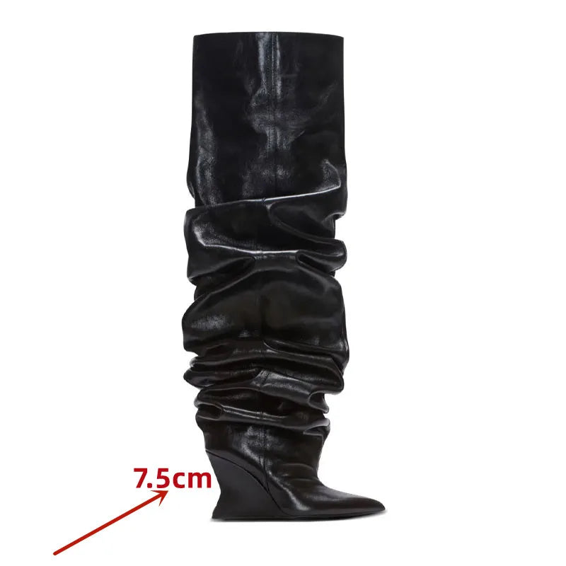 Women's Fashion Pointed Thick Soled Pleated Short Boots, Autumn and Winter Thick Heeled Long Boots, Sexy Runway Women's Boots