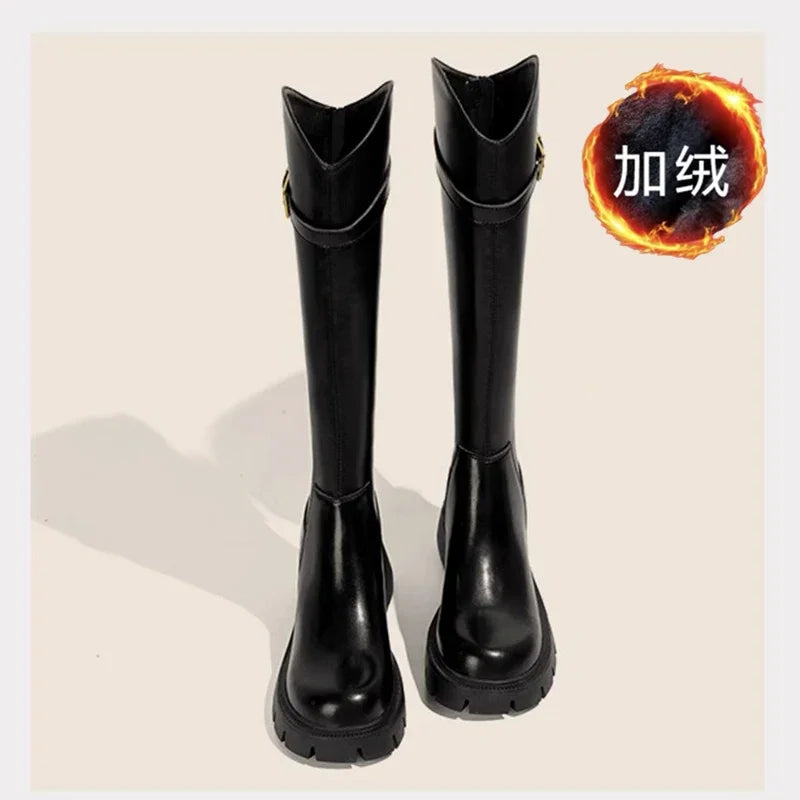 Fur Lining Women Knee High Boots Fashion Knight Long Booties Square High Heels Autumn Winter Warm Short Plush Shoes