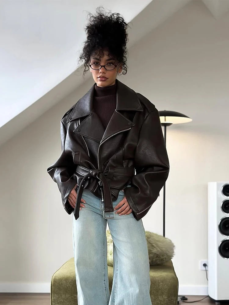 Women Chic Brown Leather Jacket With Belt Chic Full Sleeve Laple Zipper Short Coats 2026 Autumn New Ladies Street Biker Jackets