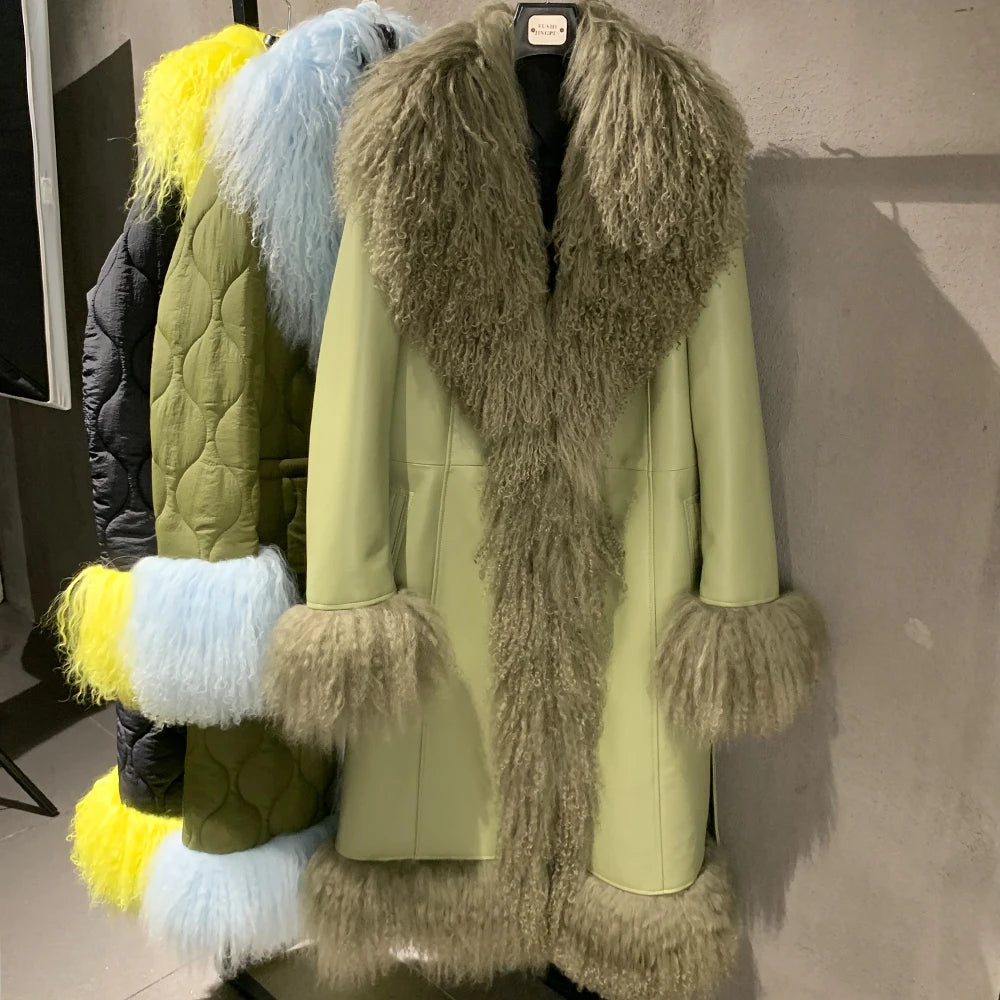 Suede Coat Fur Collar Women Autumn Genuine Sheepskin Coat Long with Mongfolian Fur Trim