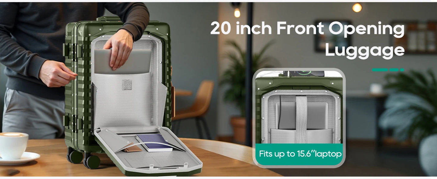 Joyway 20 inch Aluminium Carry on Luggage Suitcase with Front Pocket, USB Port, Cup Holder, TSA Lock and Spinner Wheels