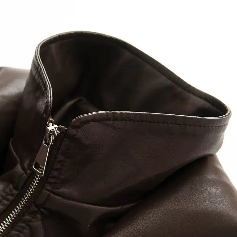 New Fall Winter High Street Warm Brown Zipper Pu Leather Jacket Women Casual Lapel Elastic Waist Cinching Coat Outwear Clothes