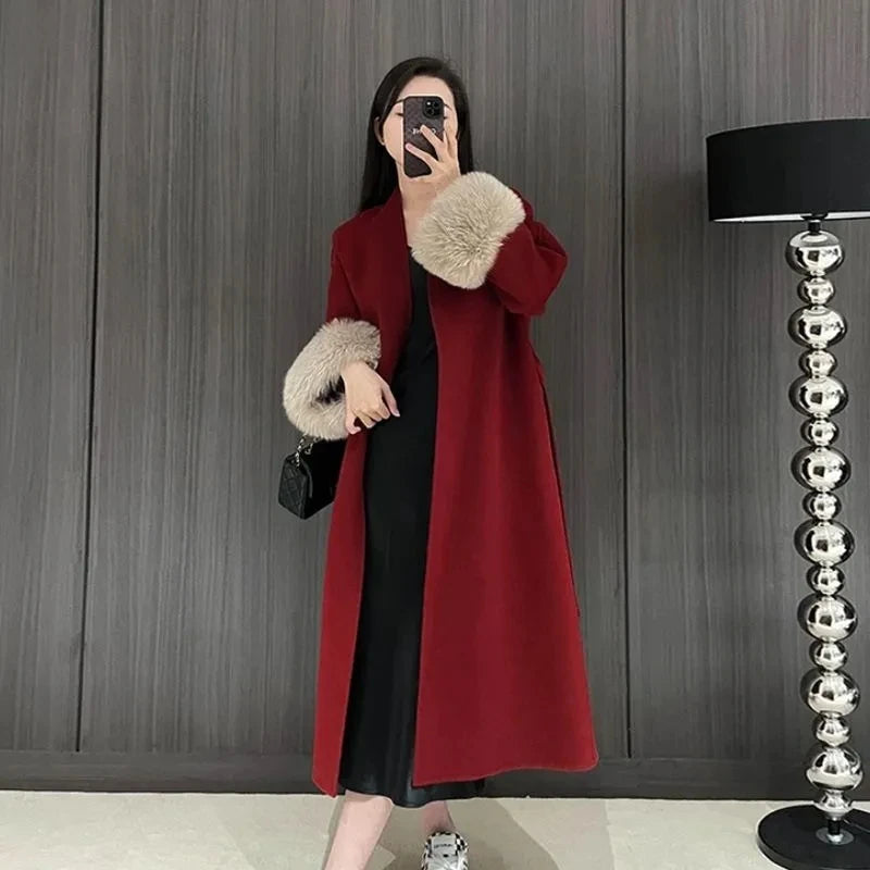 Women Autumn Winter Woolen Coat 2025 New High-End French Style Fur Sleeves Mid-Length Woolen Coat Women Long Coat Loose Outwear