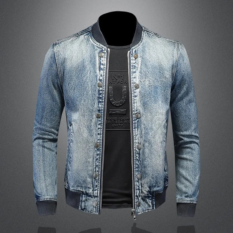 Mens Denim Bomber Jacket Slim Fit Vintage Moto Biker Short Cargo Coat Male Long Sleeve High Street Stand Collar Pilot Jackets