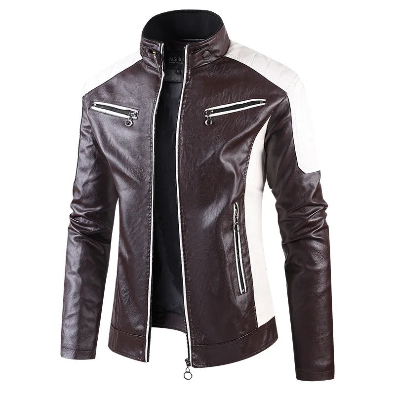 White and Red Patchwork Men's PU Jacket, Stylish Vintage Biker Faux Leather Coat, Available in Black or Brown.